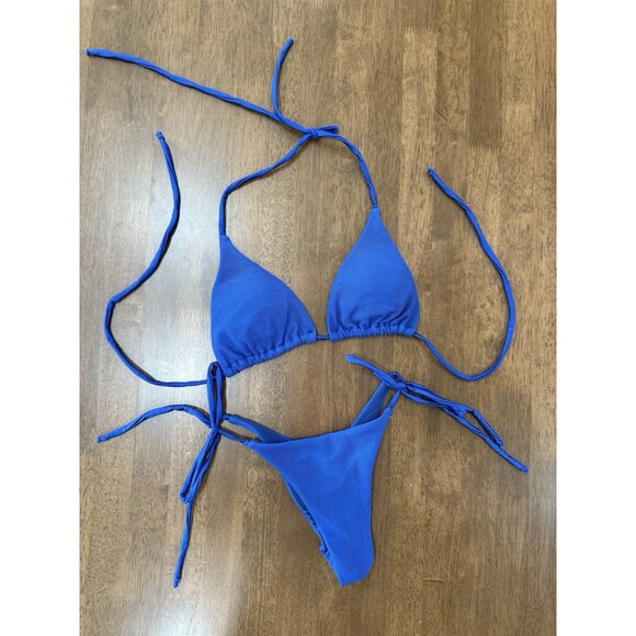 Catherine Fulmer Blue Mesh String Bikini Set XS Ruched Tie Side USA Swimwear - Picture 3 of 8
